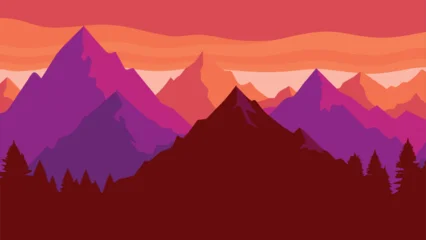 Fotobehang Bruin Vibrant flat design vector landscape illustrating a breathtaking sunset over a majestic mountain range  © CreativeKamrul