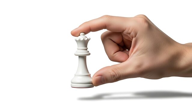 Hand holding white chess queen piece cut out isolated on PNG. AI GENERATED.
