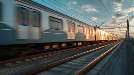 Obraz premium High-speed train in motion through picturesque landscape at sunset with dramatic atmospheric perspective and vibrant colors creating dynamic scene