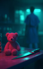 Creepy teddy bear on table in dark kitchen with blurred female silhouette in background, cinematic horror scene with dramatic teal lighting, suspense concept for thriller poster, book cover, banner
