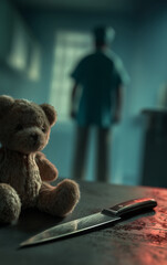 Creepy teddy bear on table in dark kitchen with blurred female silhouette in background, cinematic horror scene with dramatic teal lighting, suspense concept for thriller poster, book cover, banner