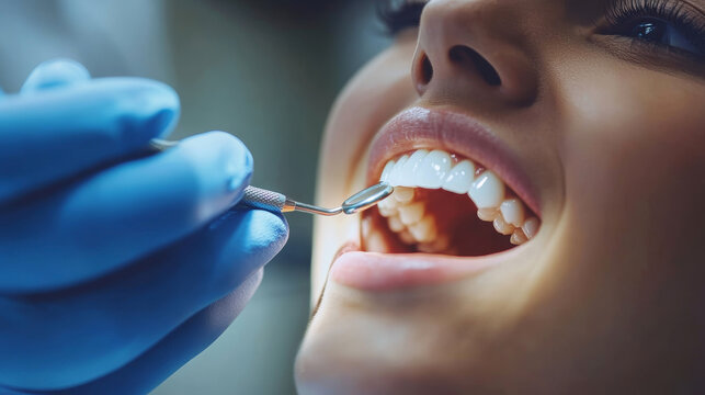 Detailed close up of a dental check up, showing dentist's gloved hands using dental tools to examine patient's teeth, emphasizing professional oral care
