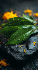 Fresh green bilva leaves with water drops on dark stone background for maha shivaratri worship, hindu ritual offering for shiva puja, spiritual festival poster, banner and temple decoration