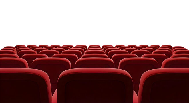 Vibrant crimson upholstered chairs in an empty movie theater isolated on transparent cutout background, cut out, png