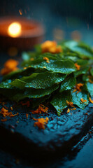 Fresh green bilva leaves with water drops on dark stone background for maha shivaratri worship, hindu ritual offering for shiva puja, spiritual festival poster, banner and temple decoration