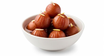 Obraz premium Gulab jamun sweets served in a bowl, isolated on white background.