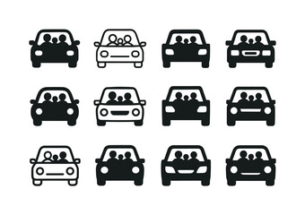 Naklejka premium Family Road Trip Icons. Family road trips. Icon set. Set Logo of Family road trips: family silhouettes inside car. harmonious logo variations of the same