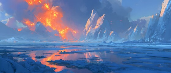 Fototapeta premium Line of Fire Burning Across Frozen Glacial Ice Landscape. A striking digital illustration featuring a continuous trail of vivid orange fire flames streaking across a vast, frozen glacial terrain.