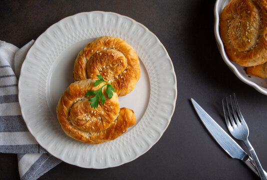 Traditional delicious Turkish phyllo stuffed with Potatoes  (Turkish name; Gul borek or gul boregi) Rose shaped pastry.