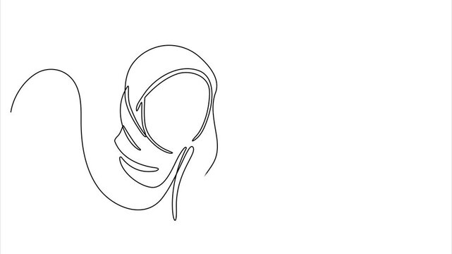  Animation Beautiful arabic woman. Vector line art with boho elements. Minimal muslim woman drawing wearing a hijab. Outline sketch of hand drawn young happy woman. Concept of religion. Graphic  minim