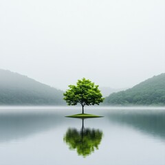 Fototapeta premium Serene Landscape with Tree and Reflection in Calm Waters at Dusk