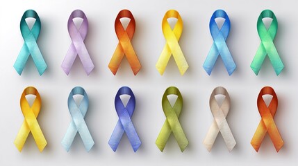 Colorful ribbons arranged in rows for awareness and support causes at a community event