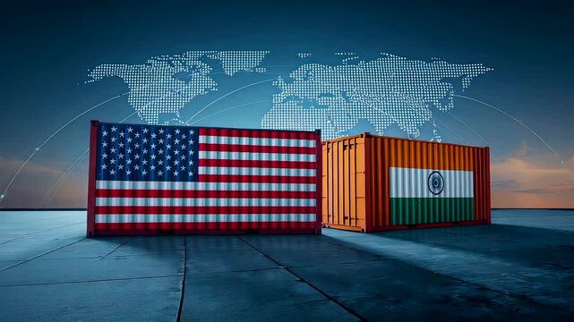 United States and India cargo containers facing each other on global trade map highlighting international commerce and bilateral logistics
