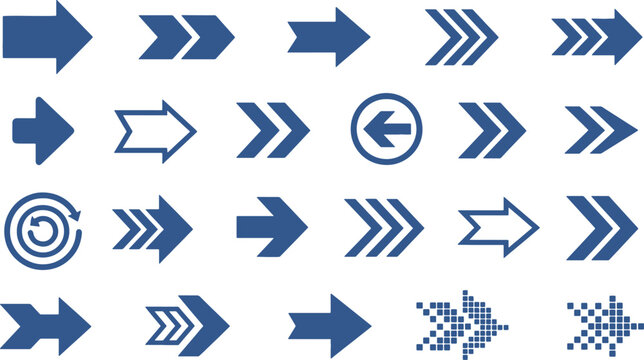 Set of various blue navigation and direction arrows isolated on transparent background