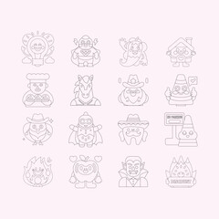 Cute Fantasy Character Line Icons Set in Minimal Outline Style