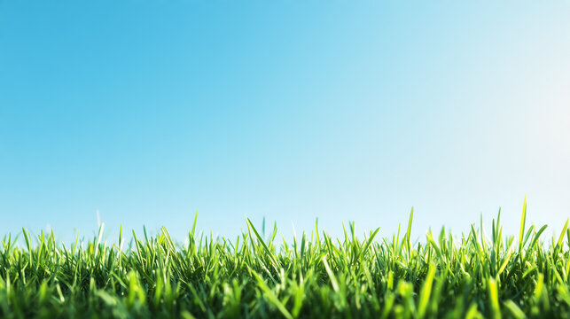 Green grass field close up with blurred blue sky background. Nature and environment concept. Image for banner, wallpaper, poster, and background template. Ground level perspective with copy space
