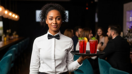 Obraz premium African-American woman bartender serving cocktails in a modern lounge bar, nightlife and hospitality service