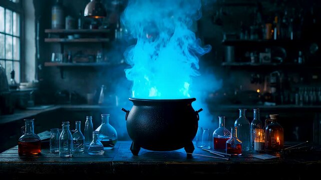 Glowing cauldron emitting blue smoke inside dark alchemy workshop with glass bottles and tools creating mystical fantasy laboratory scene