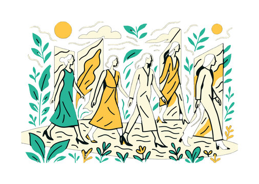 Nature-Inspired Fashion Catwalk. Photography focused on sustainable fashion ? nature-inspired runway. Models walk between plants and mirrors; abstract shapes