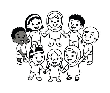 Diverse Kids Coloring Page. Cultural unity children?s coloring book illustration, outlined drawing, a circle of friendly cartoon kids from different