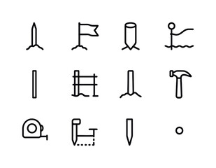 Fototapeta premium Land Stake Icons. Land stake. Line icon set of land stake: ground stake, survey flag, boundary marker, rope anchor, pole, fence stake, soil base, hammer,