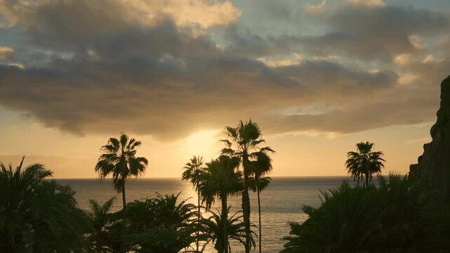 Golden sunset over a calm sea with silhouettes of palm trees and sunbeams, coastal promenade, and sparkling reflection. Tropical seascape.