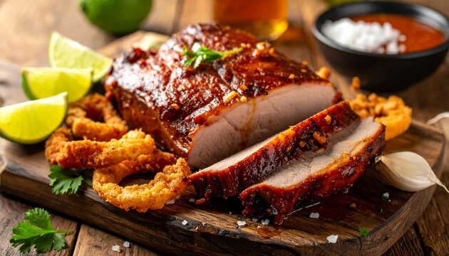 Sliced roast pork Cuban Lechon Asado with crispy skin and lime