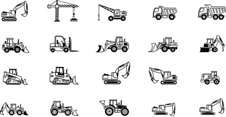 Construction equipment icon set featuring excavators cranes loaders forklifts dump trucks and bulldozers isolated for industrial engineering design projects © KagenChandro