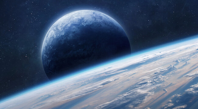 Earth and planet in deep space with stars and starry landsacpe background. Sci-fi wallpaper. Blue planet. Exploration of the space. Elements of this image furnished by NASA. Not AI. Photo collage