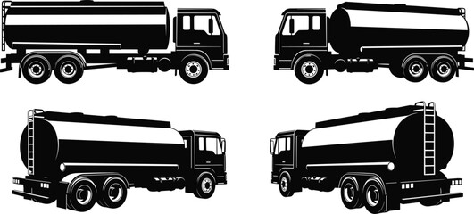 Tanker truck silhouette set showing fuel and liquid transport vehicles from multiple angles isolated for industrial logistics engineering design