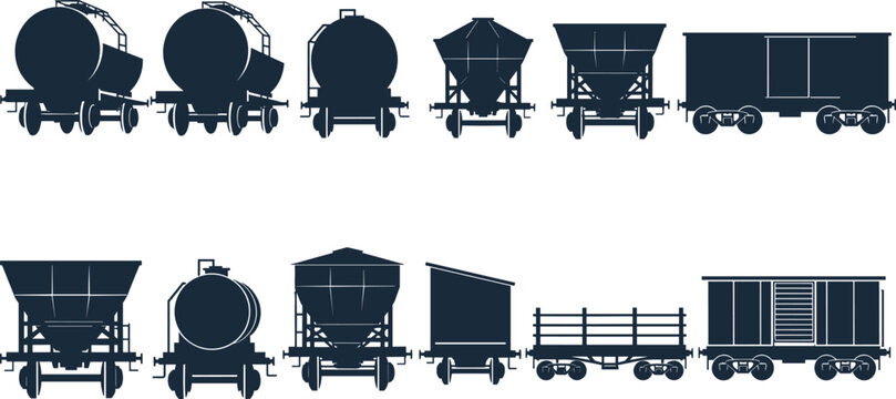 Rail freight wagon silhouette set featuring tank hopper box and flat cars isolated for industrial railway transportation logistics design