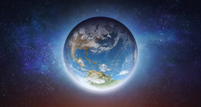 Planet Earth globe in outer space with bright stars. Sunlight at the dawn of day. Earth hour. Landscape with planet and starry sky. Elements of this image furnished by NASA. Not AI. Photo collage