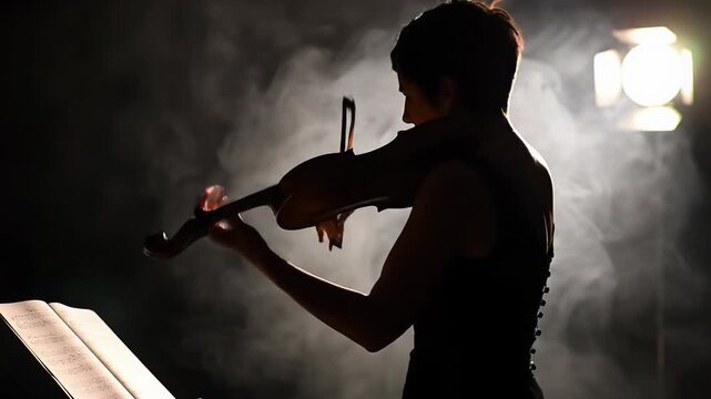 Caucasian woman in black gown playing classical violin on smoky stage with intense backlighting and lens flare, slow dolly out reveals silhouette. Raw musical intensity concept