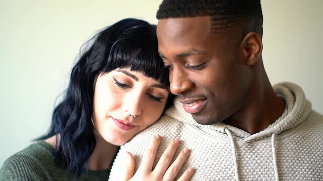 Intimate mcu video of young caucasian woman and african american man in tender embrace, softly lit against creamy bokeh. Mutual affection, tranquility concept
