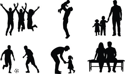 Family silhouette illustration showing parents and children playing, bonding, walking, celebrating joy, love, lifestyle moments, happy childhood scenes, black vector set icons collection
