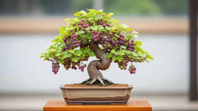 Vineyard bonsai tree with abundant clusters of ripe purple grapes, twisted trunk, and lush green foliage