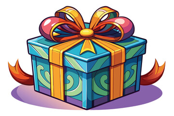Obraz premium Cartoon blue present box adorned with a big ribbon stands upright for gifting