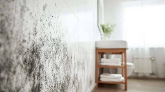Mold growth on bathroom wall with towels and sink visible in the background during daylight hours