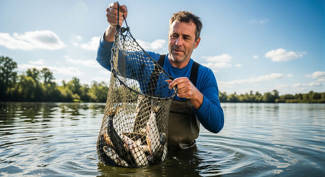 Man holding fishing net with fish in water