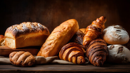 Assortment of freshly baked breads, buns and croissants 