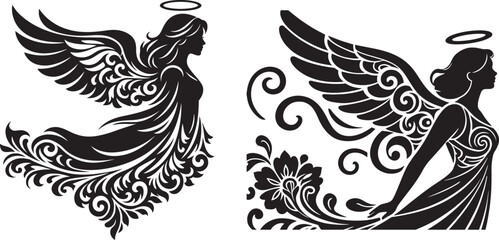 Fototapeta premium Two elegant black silhouette illustrations of angels with decorative wings and halos, symbolizing spirituality and purity.