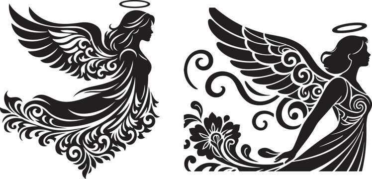 Two elegant black silhouette illustrations of angels with decorative wings and halos, symbolizing spirituality and purity.
