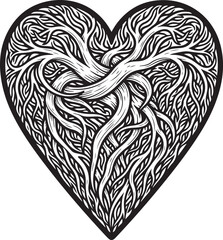 Heart with intertwining roots and branches symbolising life, love, and organic growth