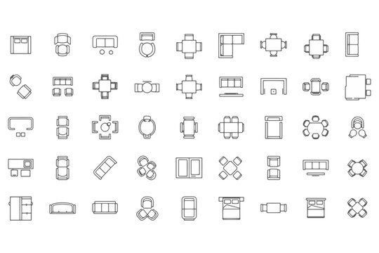 Interior design furniture outline icons set floor plan symbols top view vector black line art