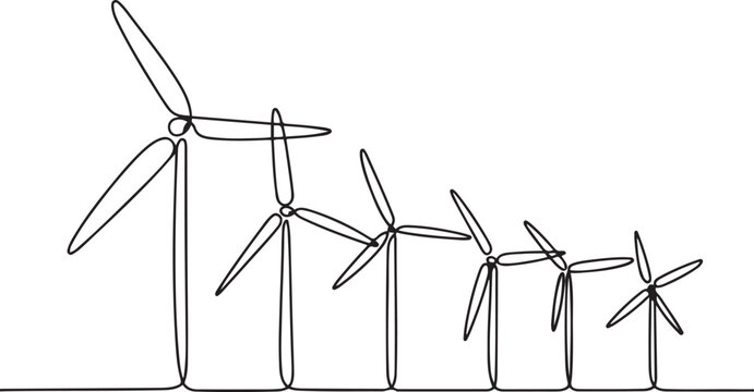 Continuous one line drawing set windmills or wind turbines.one line vector illustration with out background