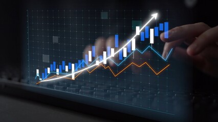 Visual representation of financial growth with dynamic graphs and indicators overlaid on a keyboard, illustrating data analysis and market trends in a digital age. Copula