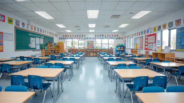 Empty classroom interior with rows of student desks colorful educational posters and bright lighting creating clean organized learning environment