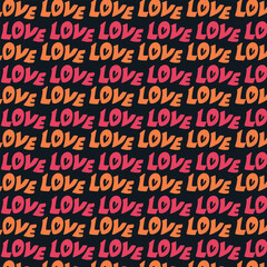 Text love, script cute doodle hand drawn colorful seamless pattern on black background. 