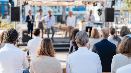 Fototapeta premium Diverse group of employees gathered outdoors listening to a company presentation or seminar, focusing on teamwork and learning