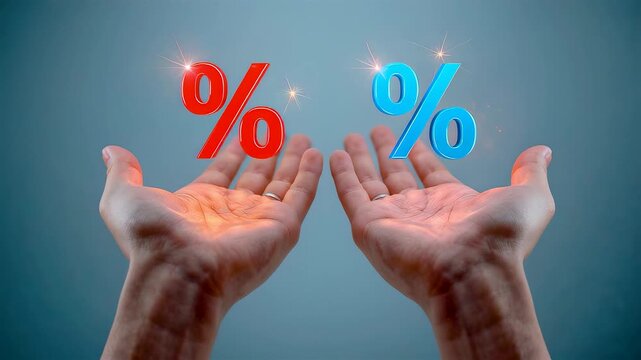 Hands presenting glowing percentage symbols in mid air representing financial rates comparison interest growth and modern business calculation concept